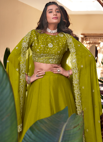 Thread Embroidery Work Silk Parrot Green Bridesmaid Lehenga Choli